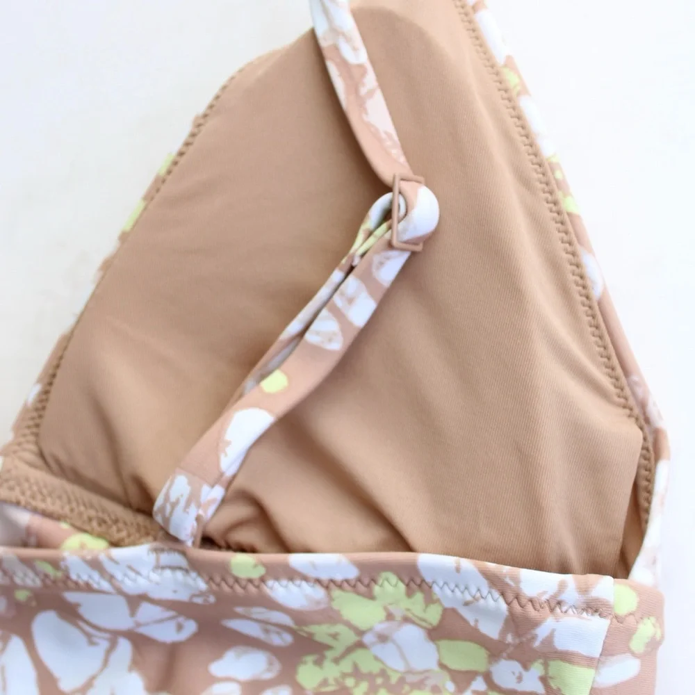 Aerie Sands Tan White Floral Print Crossover Triangle Bikini Top Size Medium - Picture 8 of 9